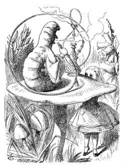 Drawing of the back an anthropomorphic caterpillar, seated on a toadstool amid grass and flowers, blowing smoke from a hookah; a blonde girl in an old-fashioned frock is standing on tiptoe to peer at the caterpillar over the toadstool's edge