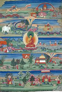 Traditional painting with the Buddha at the center and numerous animals around him, illustrating different tales