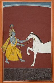 Painting showing a blue coloured man fighting a white horse.