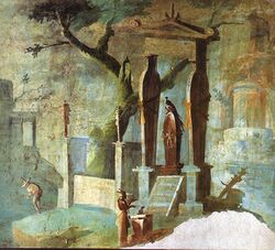 Fresco of a figure standing at an altar before a shrine