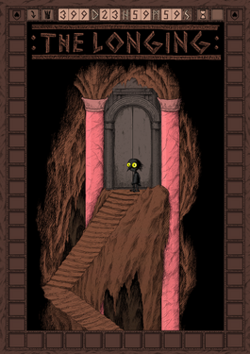 A silhouette with a pointed nose and yellow eyes stands at the top of a zig-zagging, brown, stone staircase, which leads up to anclosed door with pink columns on both sides, with the logo, in all caps and surrounded by colons on both sides, hovers above. A a brown tile pattern acts as a border for the whole cover. Within the border is a timer marking out 399 days, 23 hours, 59 minutes, and 59 seconds.