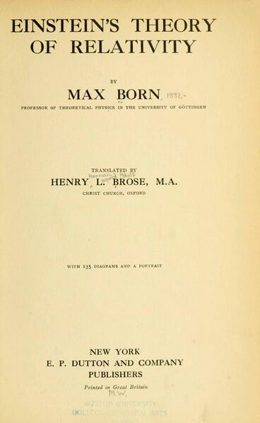 File:Born, Max – Einstein's theory of relativity (Die Relativitätstheorie Einsteins und ihre physikalischen Grundlagen), 1922 – BEIC 10969245.jpg