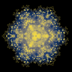 Blue, yellow, and gold fractal doily with a tilted hamster-face in the middle (that's just pareidolia, but inescapable). Triple symmetry with sharp points at 9 o'clock, at 1 o'clock, and 5 o'clock.