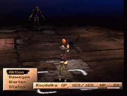 A woman in dark clothing, Koudelka Iasant, fights a monster in a dark battle arena holding a pistol.