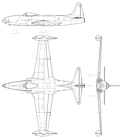 3-view silhouette drawing of the Lockheed F-80C Shooting Star