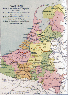 Map of the Seventeen Provinces, 1581 secession outlined in red
