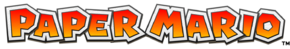 The words "Paper Mario" in an outlined blocky font. The color transitions vertically from red to orange. The words have a rough paper texture.