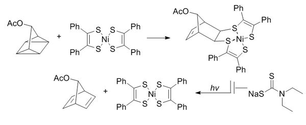 Cycloaddition between a quadricyclane and a bis(dithiobenzil)nickel(II) species. Diethyldithiocarbamate is used to prevent photoinduced reversion to a norbornadiene.