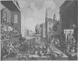 A monochrome illustration of an outdoor scene. In the background, a building is under construction. A tall church, and other ornate structures, are also visible. To the left, a judge, seated high above everybody else, watches over the scene before him. Below him, riflemen shoot at a dove of peace flying through the air. In the middle of the image, two gardeners tend to a display of shrubbery. One pumps water from a large ornate fountain, the other struggles with a wheelbarrow. To the right, two figures, a man and a ghost, are stood in a pillory. Behind them, in the shade, a wigged man tends to his followers.