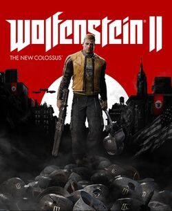 The game's cover art. The text "Wolfenstein II" is in the center, with the text "The New Colossus" written underneath it, aligned to the left. Underneath and in front of the text is the game's protagonist, B.J. Blazkowicz, walking through a pile of enemy soldiers with Nazi buildings in the background.