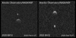The satellite of 2020 BX12 appears as a small, elongated object separate from the asteroid in radar images.