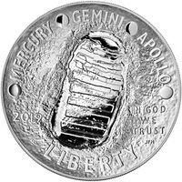 A coin with a footprint engraved in it, as well as the words "Mercury, Gemini, Apollo", "Liberty" and "In God We Trust"