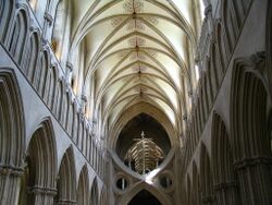 an interior view of the nave at Wells as described in the text. The nave terminates abruptly in a structure known as St Andrew's Cross, which was inserted to support the tower.