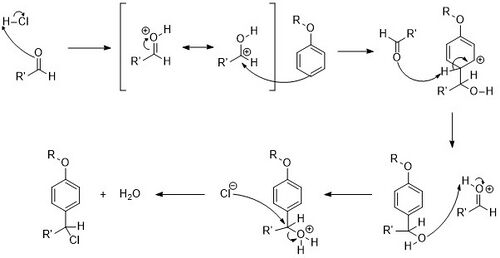 The complete step-by-step mechanism of the Quelet Reaction in HCl, including all formal charges.
