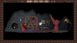 A small cave. Crystals and hand-drawn paintings line the walls. There are various carpets on the floor. A small fire is lit in the corner. The Shade sits in an armchair next to a mostly filled bookshelf, smiling. There is a table next to the bookshelf for drawing, and a musical instrument to the right of that. A large curtain and a stuffed horse head are near the cave entrance at the right of the screen.