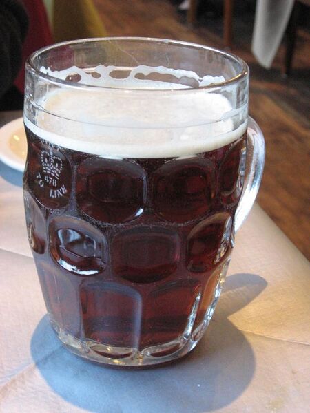 File:British dimpled glass pint jug with ale.jpg