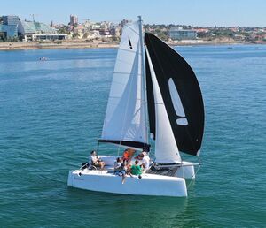 Inclusion Catamaran sailing downwind.