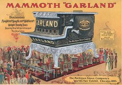 Colored sketch of a Mammoth Garland exhibit from the 1893 Chicago World's Fair, showing the World's Largest Stove