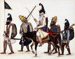 5 early Akali Sikh warriors, one carrying a flag, one on horseback.