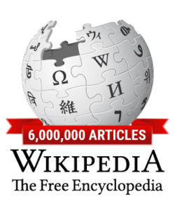 Wikipedia's globe logo with a red banner across the bottom that says, "6,000,000 articles," and below that Wikipedia's motto, "The free encyclopedia."