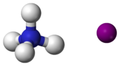 ball-and-stick model of an ammonium cation (left) and an iodide anion (right)