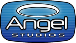 A halo and the words "Angel" and "Studios" in white and with black outlines are aligned vertically. They lay on an oval with gradationally darker shades of blue and a black outline.