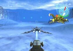 A horizontal rectangular video game screenshot that is a digital representation of a snow-covered planet. Centered in the lower portion is the rear of a grey, triangular spaceship. A green, white, and red icon in the upper right corner partially covers a brown-and-yellow alien creature.