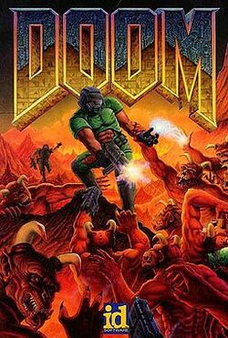 Doom cover art, featuring a man in armor standing on a ridge firing down into demons surrounding him, with the title DOOM above