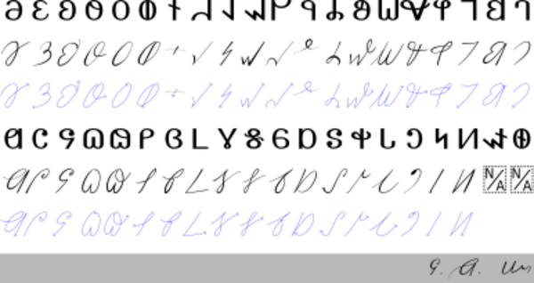 Early Deseret cursive lineup based on a document written by its creator George D Watt.svg
