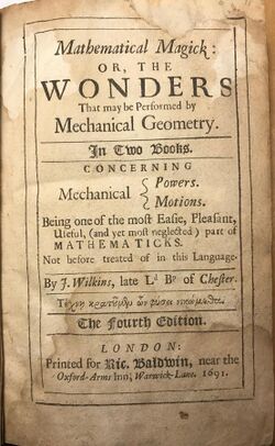 Photograph of the title page of the 1691 edition of John Wilkins' "Mathematical Magick: or, the Wonders That may be Performed by Mechanical Geometry"