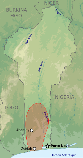 The Kingdom of Dahomey around 1894, superimposed on a map of the modern-day Republic of Benin, in the region of West Africa.