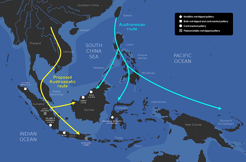 File:The proposed route of Austroasiatic and Austronesian migration into Indonesia and the geographic distribution of sites that have produced red-slipped and cord-marked pottery.png