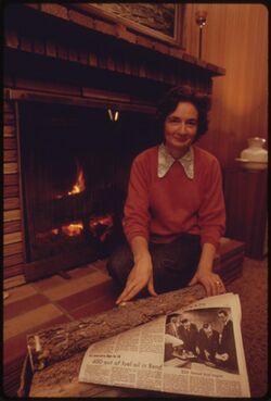 WOMEN USES HER HOME FIREPLACE FOR HEAT. A NEWSPAPER HEADLINE BEFORE HER TELLS OF THE COMMUNITY'S LACK OF HEATING OIL - NARA - 555393.jpg