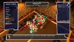 A screenshot of a player building a vehicle in Banjo-Kazooie: Nuts & Bolts. The vehicle sits in a workshop, and an interface shows the player what parts they can select and place on their vehicle.