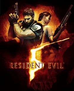 Main characters Chris Redfield and Sheva Alomar and the text "Resident Evil 5" in the foreground with a sketch of the African continent in the background