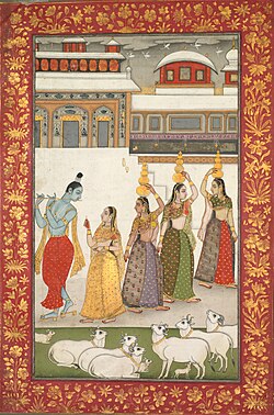 India, Deccan, Aurangabad, 18th century - Gujari Ragini (Krishna with Gopis Playing the Flute), from a "Ragamala Se - 2003.344 - Cleveland Museum of Art.jpg