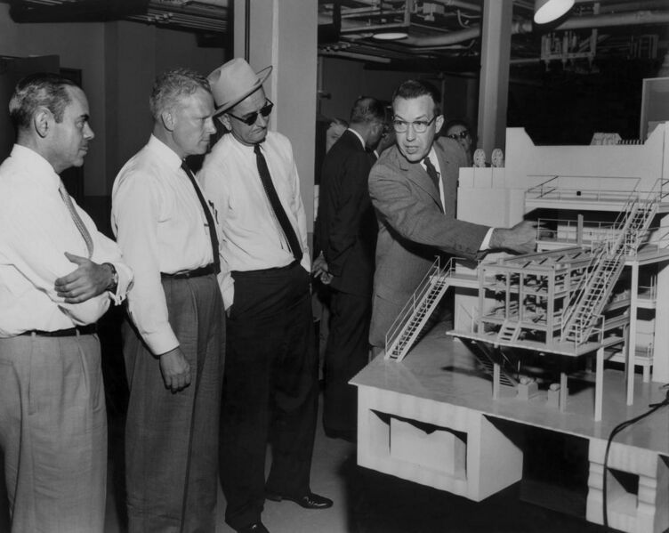 File:S.R. Sapirie, Senator Albert Gore, Senator Lyndon Johnson, Dr. John Swartout, Looking at Model of Graghite Reactor at Oak Ridge National Lab. (6964225494).jpg