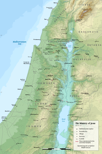 Topographical map of Palestine in the First Century highlighting places mentioned in the canonical gospels.