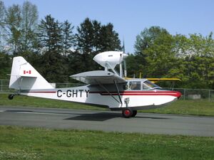 Volmer VJ-22 Sportsman flying boat homebuilt C-GHTY taking off from Courtenay Airpark, BC.JPG