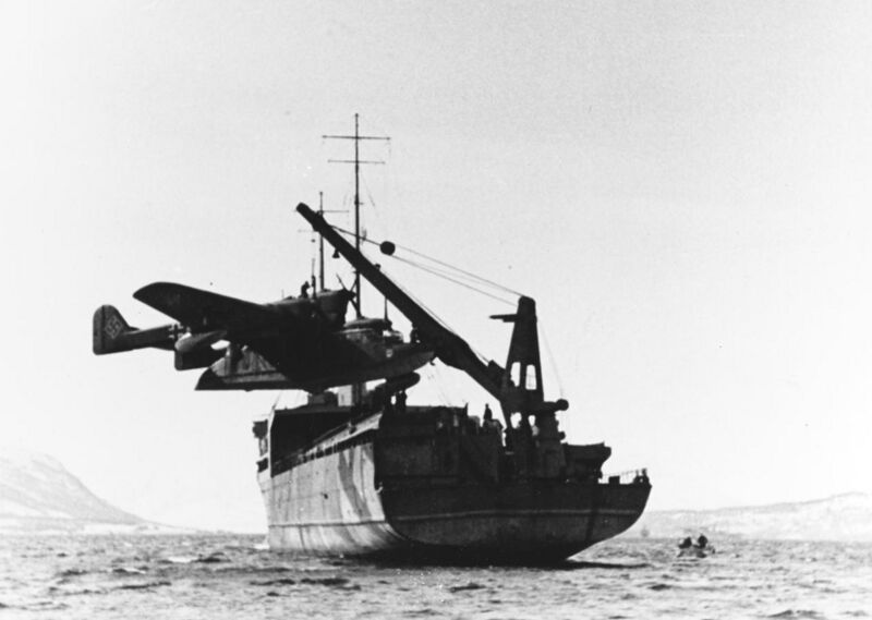 File:BV 138 float plane being lifted aboard the German aircraft tender Friesenland during World War II.jpg