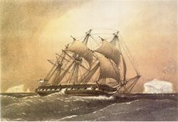 Painting of a three-masted ship sailing in the ocean