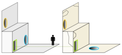 A schematic containing two versions of a test chamber, each a platform separated by height. At the top, the chamber contains a portal opening located at the bottom of the gap, leading to another on a wall high above the lower platform. A human figure is shown to be able to navigate from the lower wall into the bottom portal and exit from the top portal. Alternatively, they can enter the square time portal to access the bottom chamber, which has the other portal openings positioned differently.