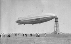 An airship moored at a mast