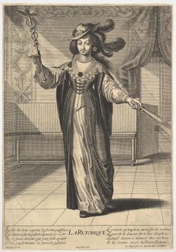Rhetoric- a young woman standing in a decorated interior with a caduceus in her right hand and a closed fan in her left hand, from the series 'The liberal arts' (Les arts liberaux) MET DP829049.jpg