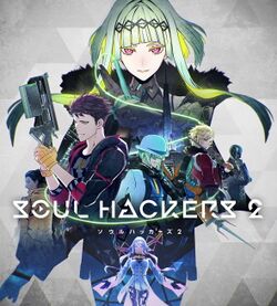 Stylized illustration of several characters against a light gray background, with the text "Soul Hackers 2" overlayed in white