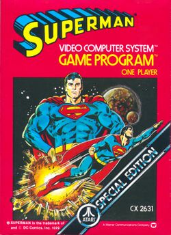 Artwork for the front of a video game cartridge box. The words "Superman Video Computer System One Player are printed above an illustration of a dark haired man wearing a blue outfit with a red cape and a red and yellow "S" emblem on his chest.