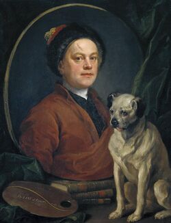 An oval portrait of a white man in a fur-rimmed hat. Before the portrait, there are a palette and a dog.