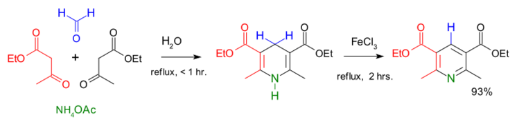 Hantzsch reaction with ammonium acetate, ethyl acetoacetate, formaldehyde and ferric chloride