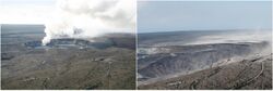 Two views of Halemaʻumaʻu from roughly the same vantage point. At left is the view from 2008, with a distinct gas plume from the Overlook vent, the location of what would become a long-lived lava lake. At right is a view of Halemaʻumaʻu after the eruptive events of 2018, showing the collapsed crater.