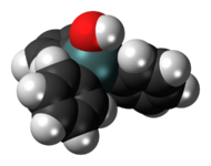 Space-filling model of the triphenyltin hydroxide molecule